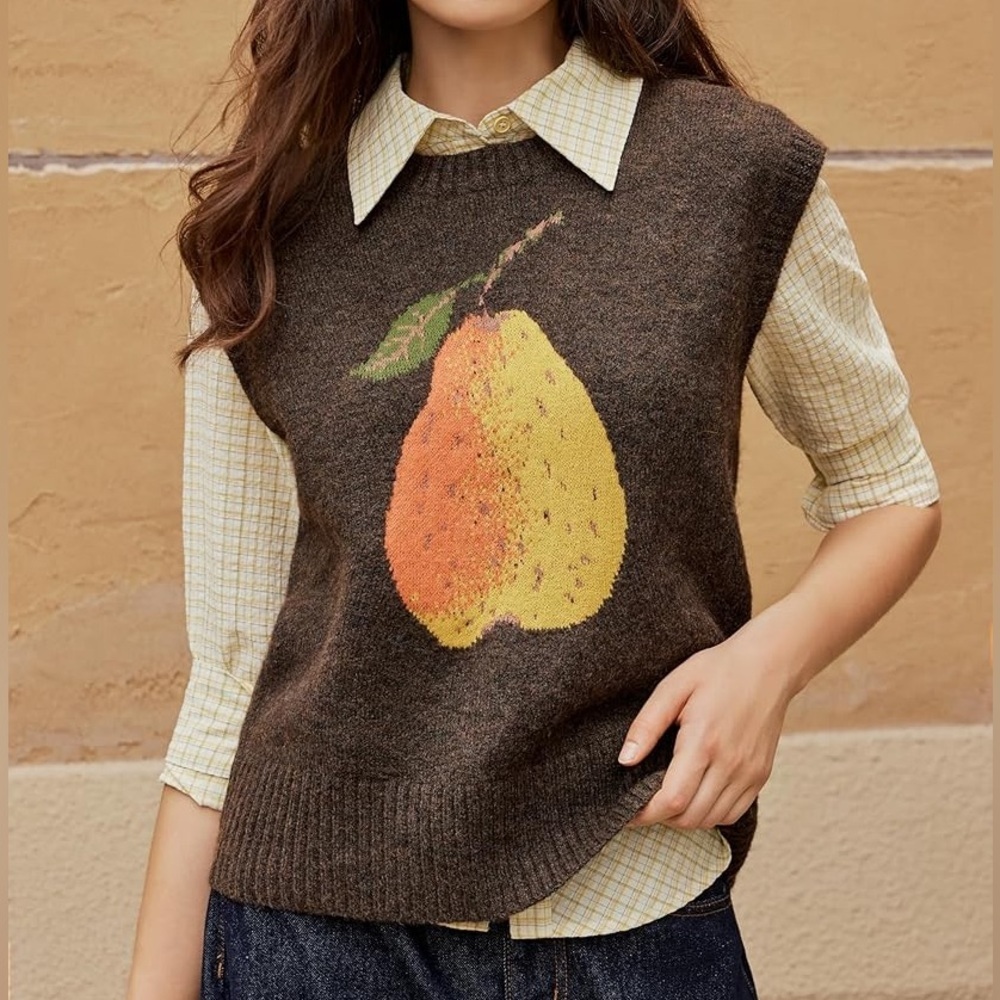 CIDER Brown Knit Sweater Vest with PEAR Fruit GRAPHIC WOMENS SIZE L